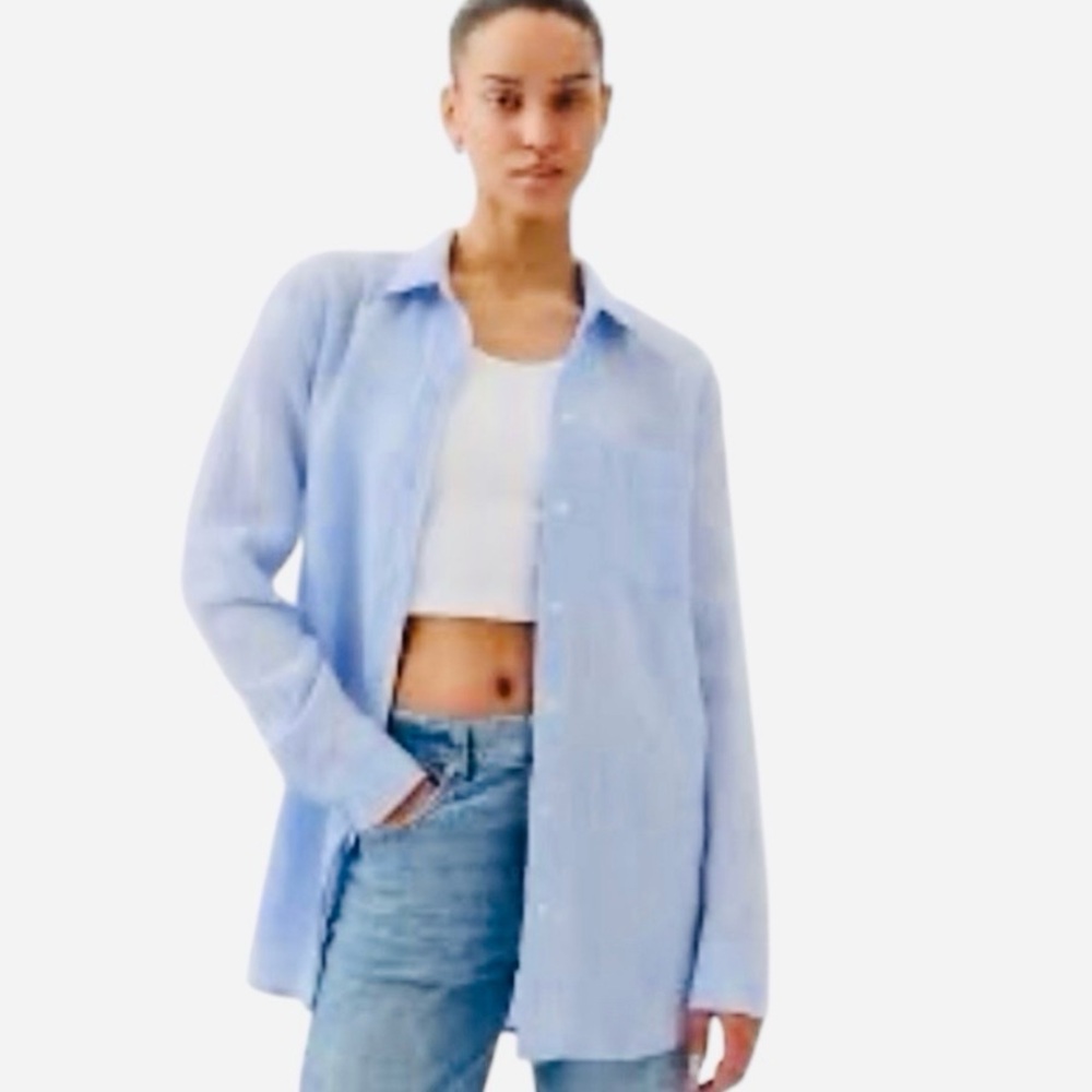 Gap Linen Boyfriend Shirt Oversized Medium Blue Button Up Beach Lagenlook